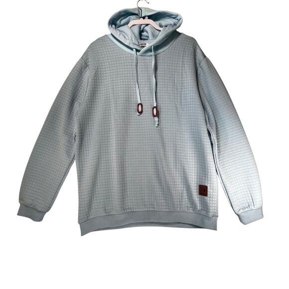 NEW Coofandy XL Light Blue Grid Pattern Hoodie Drawstrings Faux Leather Patch - Picture 2 of 10
